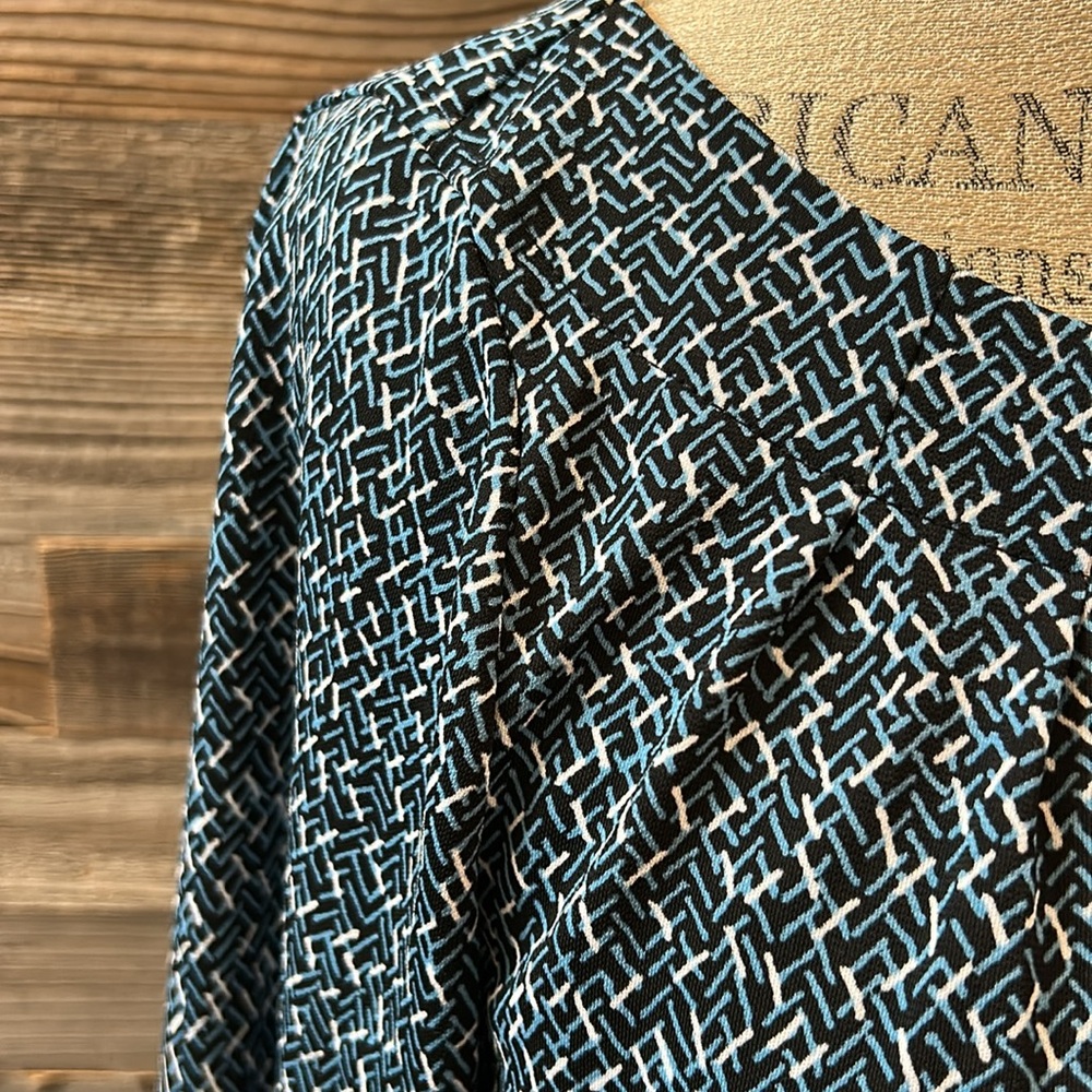 Lands End Blue Patterned Midi Tie Waist 3/4 Length Sleeve Dress Size XS 2-4 - Picture 3 of 9